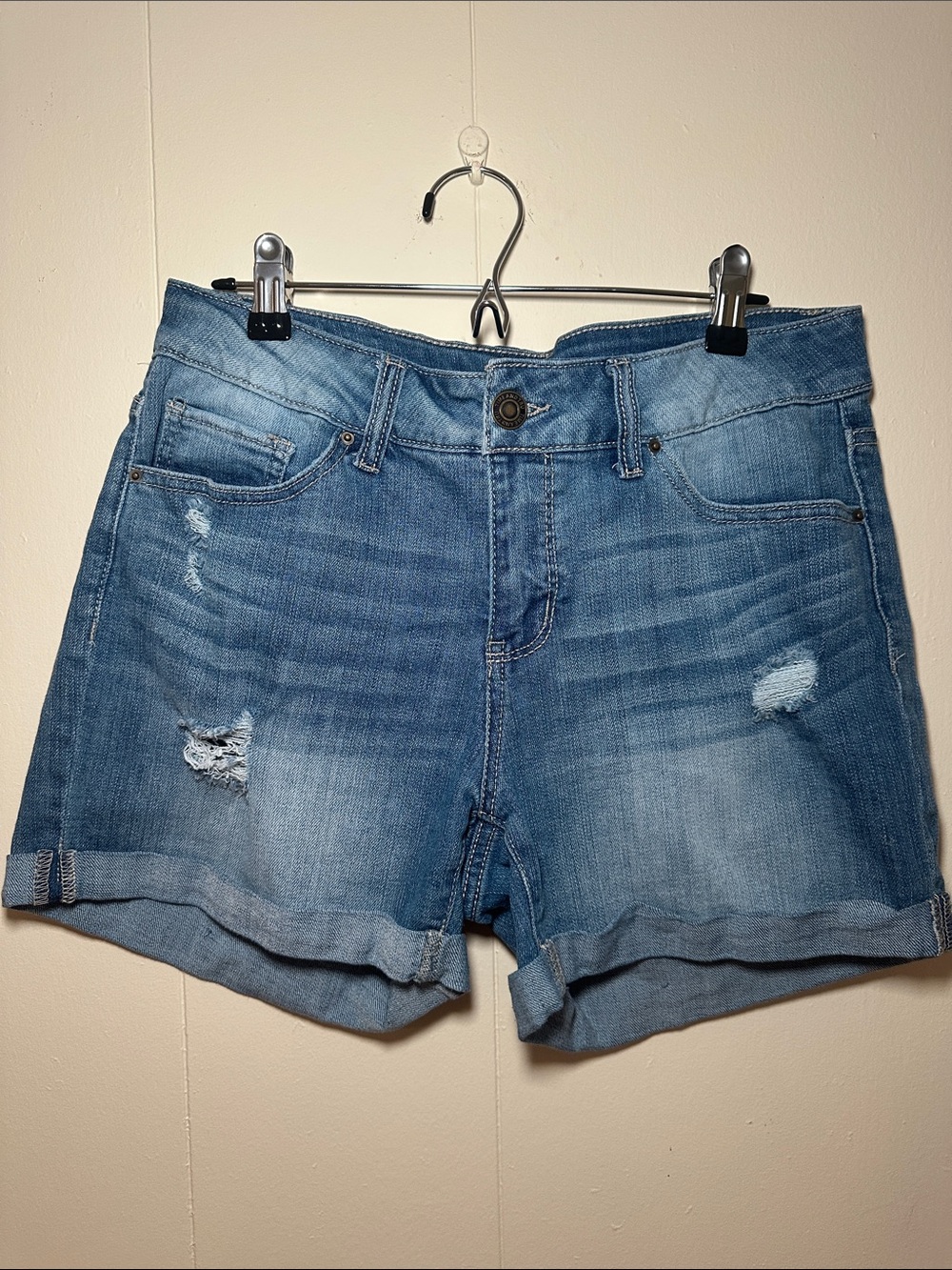 Time and Tru Light Blue Distressed Roll-Cuff Jean Shorts